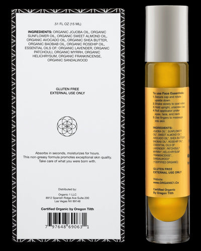 Face Essentials Night Renew moisturizer showing back of the bottle and box. USDA Organic Face Oil