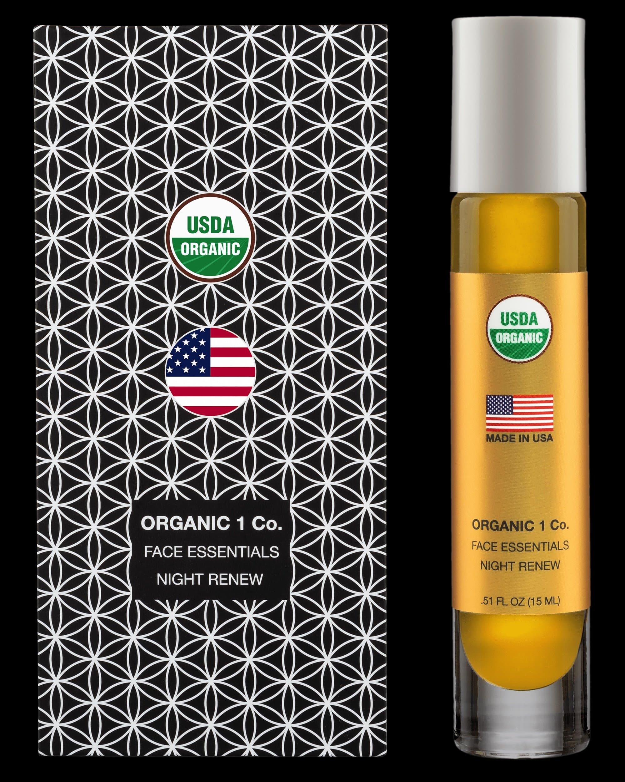 Face Essentials Night Renew moisturizer front of box and bottle. USDA Organic anti aging Face Oil 