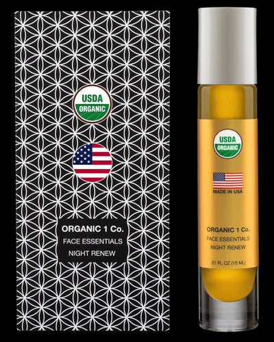 Face Essentials Night Renew moisturizer front of box and bottle. USDA Organic anti aging Face Oil